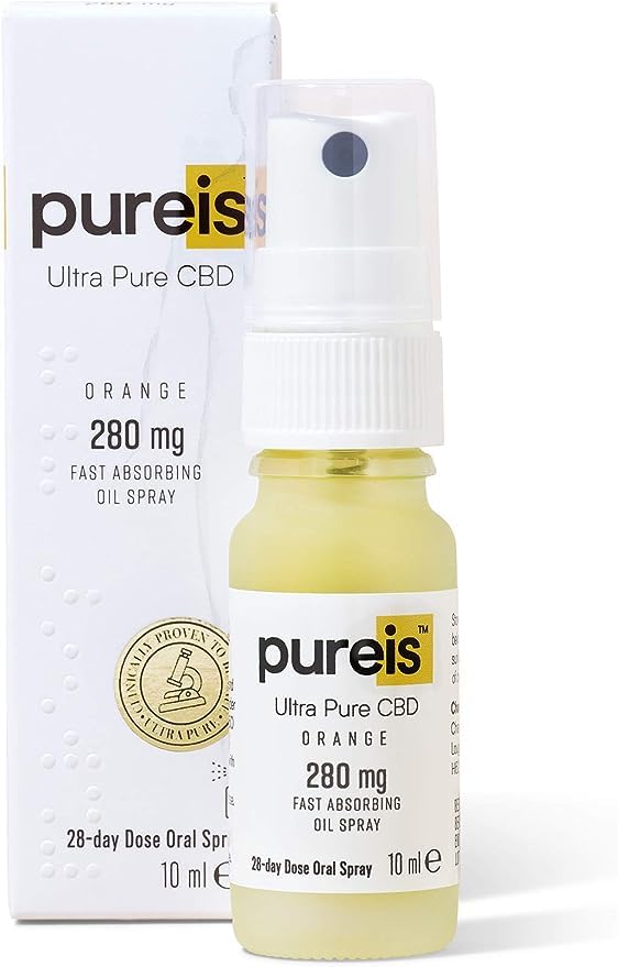 Pureis CBD Oil, Ultra Pure, Fast Absorbing - Orange Flavour Oral Spray - 280 mg = 10 mg of CBD per use - 0% THC, Non-Addictive, Vegan, Gluten-Free - 10 ml