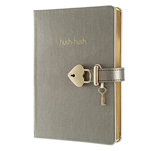 VICTORIA'S JOURNALS HUSH-HUSH MY SECRET DIARY GOLD Edition RULED JOURNAL with HEART LOCK (5.3 x7.3 inches, 320 pages, 60lbs/80gsm Ivory Paper) (Pewter)