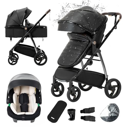 Gcarebb PU Leder 3 in 1 Kinderwagen, Buggy Mit Lederriemen