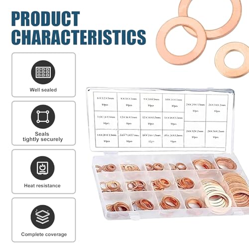 Image of 200 PCS Automotive Copper Gaskets, High Temperature Resistant Flat Washer Combination Kit, Oil Pan Plug Sealing Gasket, Universal for Most Cars (Gold)
