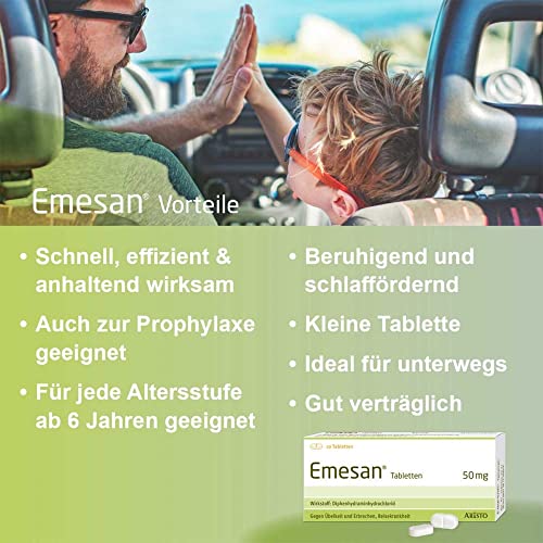 Emesan Tabletten 50mg 50 Stück von Aristo Pharma – zur Vorbeugung und symptomatischen Behandlung von Übelkeit und Erbrechen, insbesondere bei Reisekrankheit - für Erwachsene & Kinder ab 6 Jahren