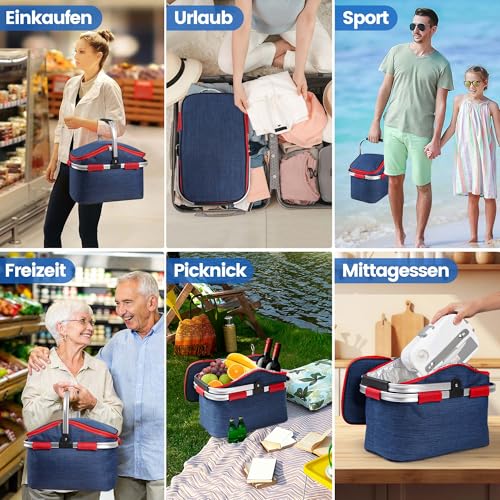Faltbarer Einkaufskorb Kühltasche 27L - Ideal für den Wocheneinkauf mit gepolsterten Tragegriffen & Reißverschluss am Deckel, leicht klappbar & kompakt, 10kg belastbar, Faltkorb als Picknickkorb