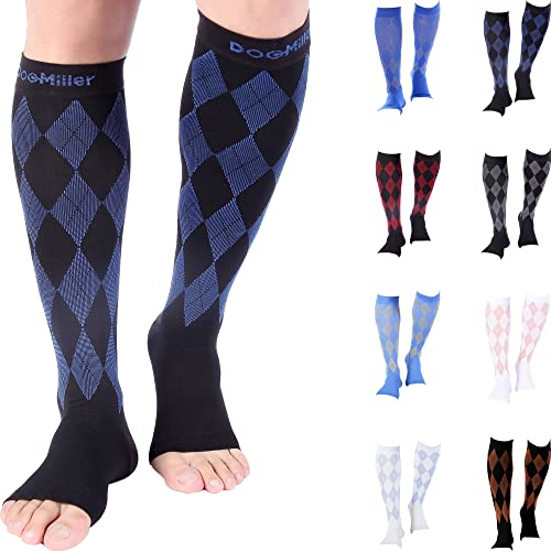 Doc Miller Open Toe Compression Socks for Men & Women, 20-30mmHg, Toeless Socks, Support Circulation, Shin Splints, Calf Recovery, Medical Grade, Knee High, Argyle Pattern , 1 Pair, X-Large