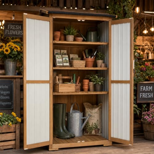 Image of Outdoor Storage Cabinet Weather-Resistant, Wood & Metal Storage Shed with 3 Removable Shelves, Waterproof Roof, Adjustable Feet, Patio Storage Cabinet Outside for Garden Garage Backyard Pool
