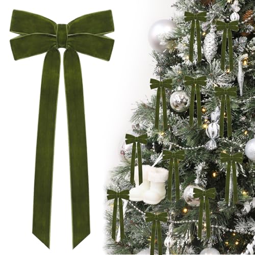 12Pcs Green Velvet Ribbon Bows Christmas Tree Decorations,5in x 10in