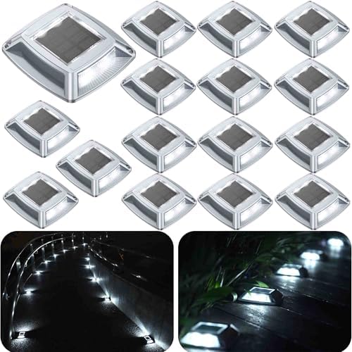 Solar Driveway Lights 16-Pack - 4 LED IP68 Waterproof Marine Solar Dock Lights | Solar Powered Safety Markers for Pathway/Sidewalk/Garden/Stair/Deck | Auto Dusk to Dawn (White)