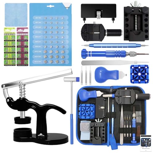 Kit Profesional de Reparación de Relojes, GLDCAPA Kit de Sustitución de pilas de Reloj con Maletín de Transporte, Herramienta de Extracción de Eslabones, Juego de Prensa de Reloj con 60 Pilas de Reloj