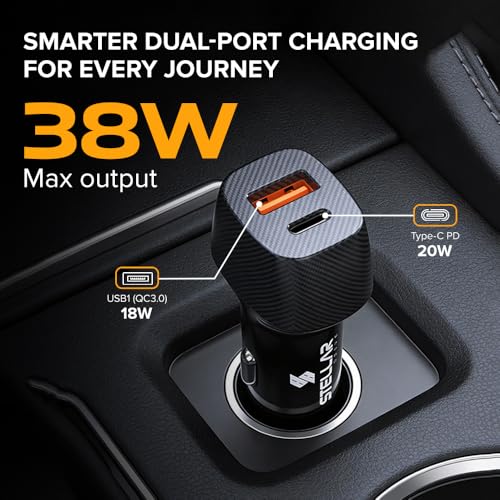 Image of Stellar Drive Fast Car Charger 38W | Dual Port USB C PD (20W) & QC 3.0 (18W) Adapter | 12V /24V Compact Car Charger | Smart Safety Car Charging Plug | Compitable for iPhone, Android, Tablets | XC-16