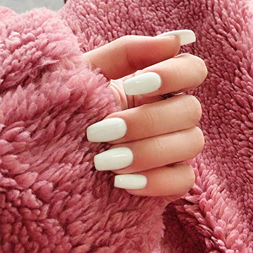 24 Pcs Fake Nails Lacquer Coffin Nails White Full Cover Ballerina Nail Art Medium FALSE Gel Nails Tips Sets for Women Teens Girls (White)