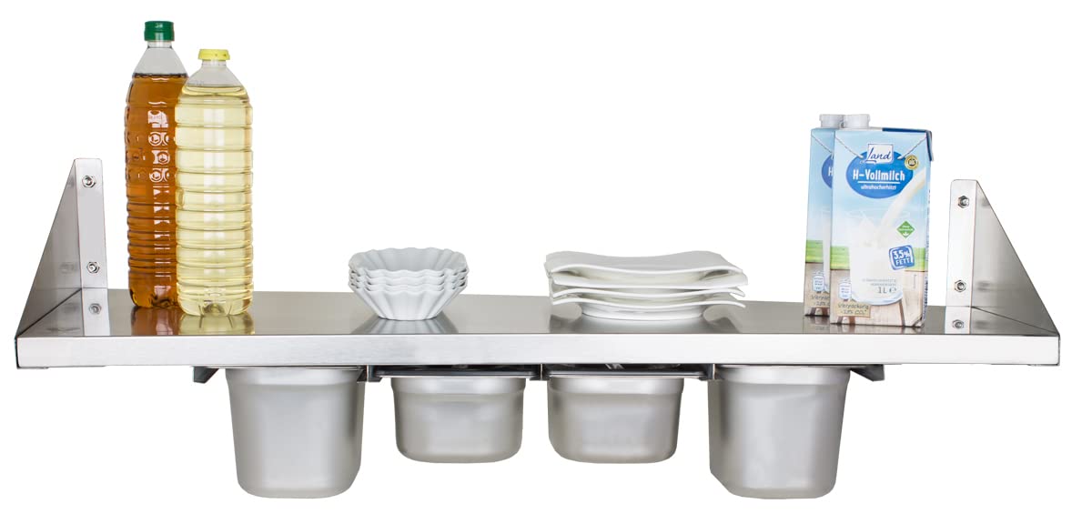 Beeketal 'BGR-100' Gastro Küchen Wandregal 100 cm aus Edelstahl mit 4 GN Behälter Schubeinsätzen, Regal Tragkraft ca. 35 kg, Küchenregal inkl. 4 x (GN) 1/6 Behälter und Wandmontagematerial