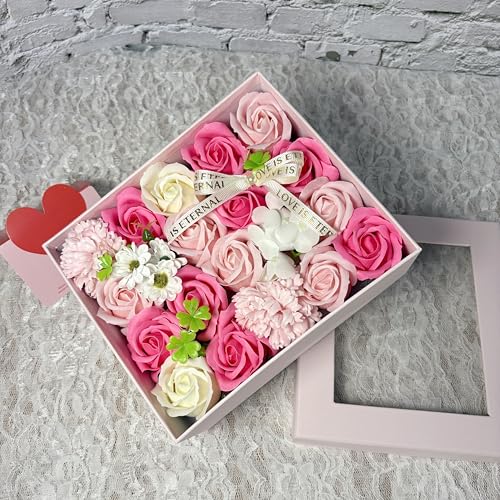 ソープフラワー 造花 花束 ギフト シャボンフラワ 創意方形ギフトボックス ホワイトデー 誕生日 記念日 先生の日 母の日 父の日 七夕 バレンタインデー 昇進 転居など最適としてのプレゼント (ピンク) [4]