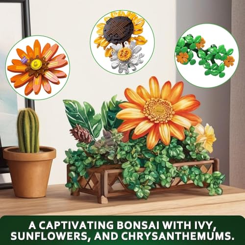 Image of 2-in-1 Flower Botanical Bonsai Building Set - Creative Botanical Collection for Home & Office Decor | Unique DIY Gift for Adults & Kids | Sunflower, Chrysanthemum, Ivy & Succulents | 818+ PCS