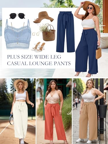 AusLook Plus Size Wide Leg Pants for Women High Waist Elastic Drawstring Palazzo Casual Lounge Dark Blue 1X Pants with Pockets Flowy Travel Work Office Comfortable Summer Casual Trousers — view 5