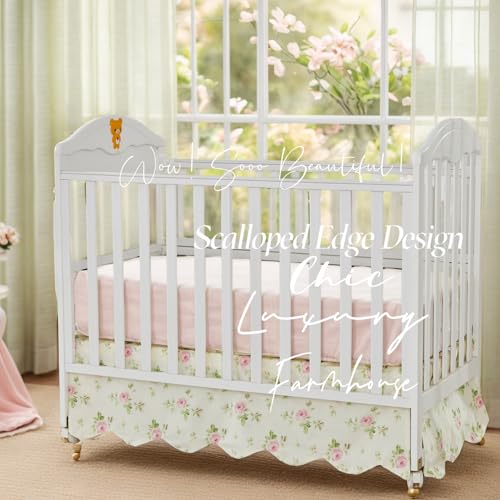 Image of Brandream Scallop Edge Cotton Crib Skirt, Baby Boy Girl Gender Neutral Crib Skirt Toddler Bedskirt Farmhouse Chic Nursery Crib Bed Skirt, Boho Bohemian Toile Floral