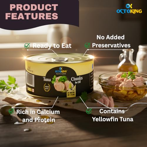 Image of Octoking Light Meat Tuna Chunks in Oil 185g (Pack of 3) | Premium Canned Tuna Fish | High Protein Ready-to-Eat | Rich in Omega-3 | High Protein Seafood | Ideal for Sandwiches, Salads, Pasta & Meals