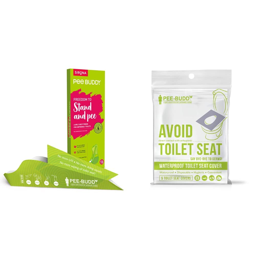 Peebuddy Ladies Freedom to Stand and Pee Paper Based Disposable Female Urination Device for Women 10 Funnels & PeeBuddy Waterproof Toilet Seat Cover (5 Toilet Sheets)
