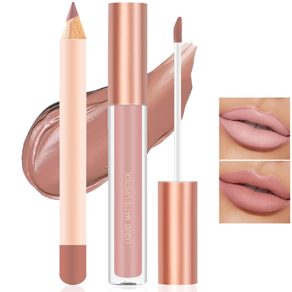Matte Nude Lip Liner and Lipstick Makeup Set, Matte Liquid Lipstick/Nude Lip Stain High Pigment & Lipliner Pencil for Women, Smooth Lip Makeup (01)
