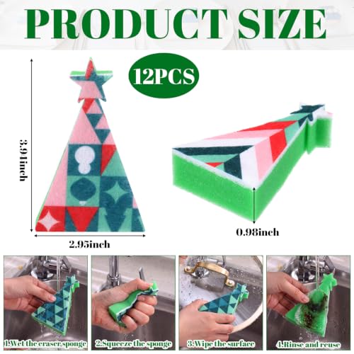 Image of Tioncy 12 Pack Christmas Tree Kitchen Sponges Bulk Colorful Geometric Tree Dual Sided Scrubber Sponges Dishwashing Kitchen Cleaning Accessories for Home Decor Household Supplies