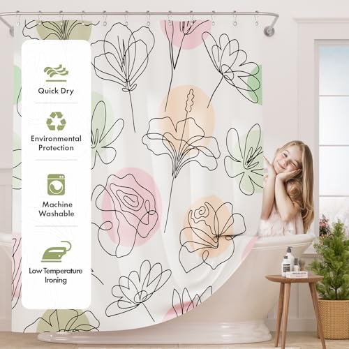 Image of AmazerBath Floral Shower Curtain, 72 inchx72 inch Washable Cloth Spring Black Ink Blooms Shower Curtain with 12 Metal Hooks, Farmhouse Fabric Rustic Colorful Flower Shower Curtain Set for Bathroom Decor
