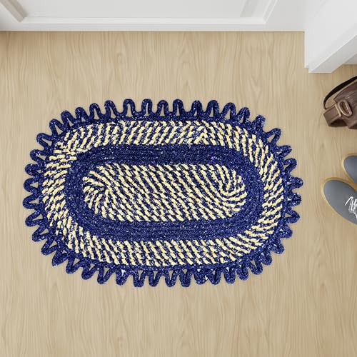 Image of Cotton Doormat for Home | Handmade Cotton Doormat | Quick Dry, Washable Door Mat for Home, Bathroom & Bedroom (INCH Blue O)
