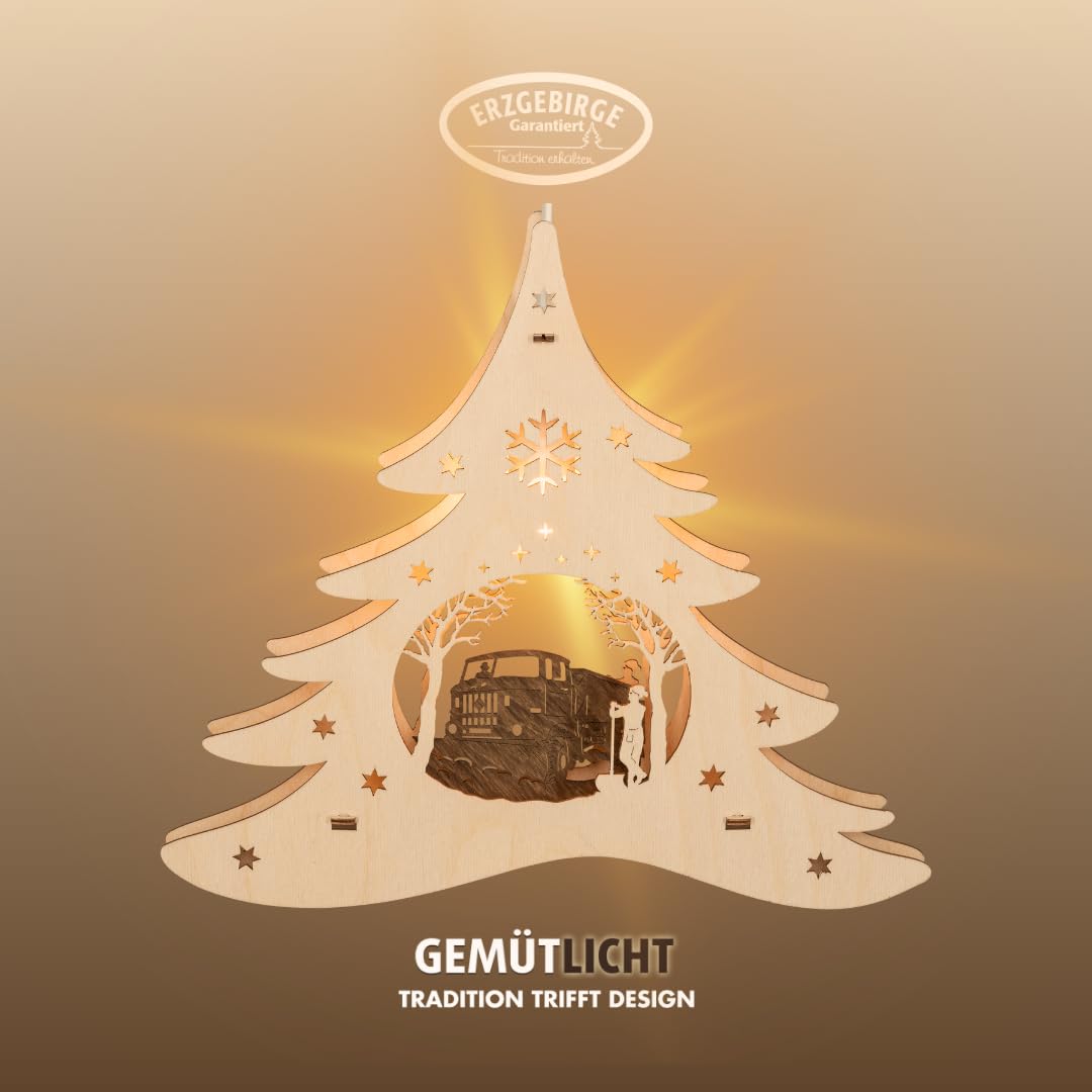 weigla - Fensterbild original Erzgebirge Tannenbaum Winterdienst IFA W50 I Weihnachtsdeko Fenster I 1 Lampe I 7 W, E14 I Fensterbild Weihnachten I Weihnachtsbeleuchtung Holz I Fensterdeko hängend