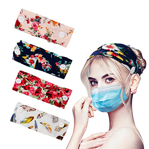 Headband with Buttons, Button Headbands Mask Holder for Nurses, Women, Non slip Hair bands Ear Saver for Yoga, Running, Sports (4 PACK)