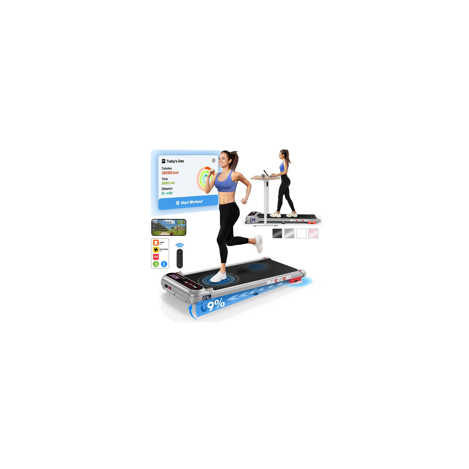 BLACK LORD Walking Pad, Compact Under Desk Treadmill with 9% Incline for Home Office, 3.0HP Portable Walking Treadmill with 130KG Weight Capacity Running Machine, Remote Control, LED Display, Silver