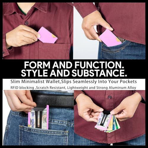 Image of Minimalist Wallet for Men, Slim Metal RFID Blocking Wallet Credit Card Holder Money Clip & Cash Strap, Scratch-Resistant Holds 15 Cards,Ideal Gift for Men | Matte Pink