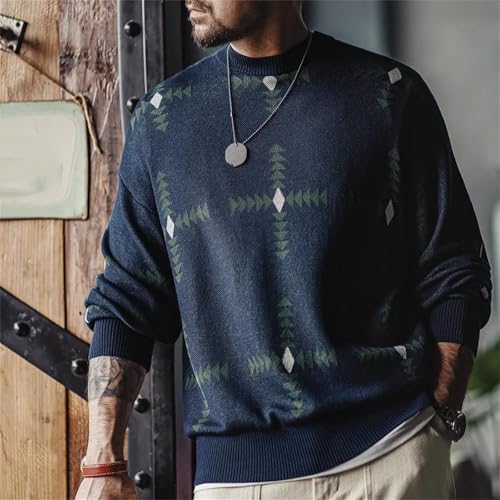 Men's Retro Pattern Knit Pullover Sweater Loose Fit Round Neck College Style Soft Long Sleeve Christmas Casual Top2