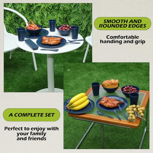 Set de vajilla Tioncy 29 piezas para camping, 4 personas, incluye platos, tazones, vasos y cubiertos reutilizables de plástico irrompible con bolsa de cordón para viaje, picnic y exteriores, apto para lavavajillas miniatura 3