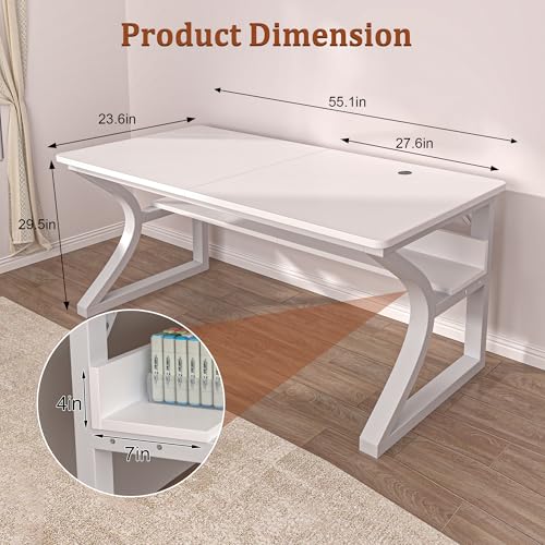 Image of 55 inch Computer Desk, Home Office Desk with Storage Shelf, Sturdy U-Shaped Metal Frame Study Table with Cable Management, Gaming Desk for Office & Bedroom (White, 55inch)