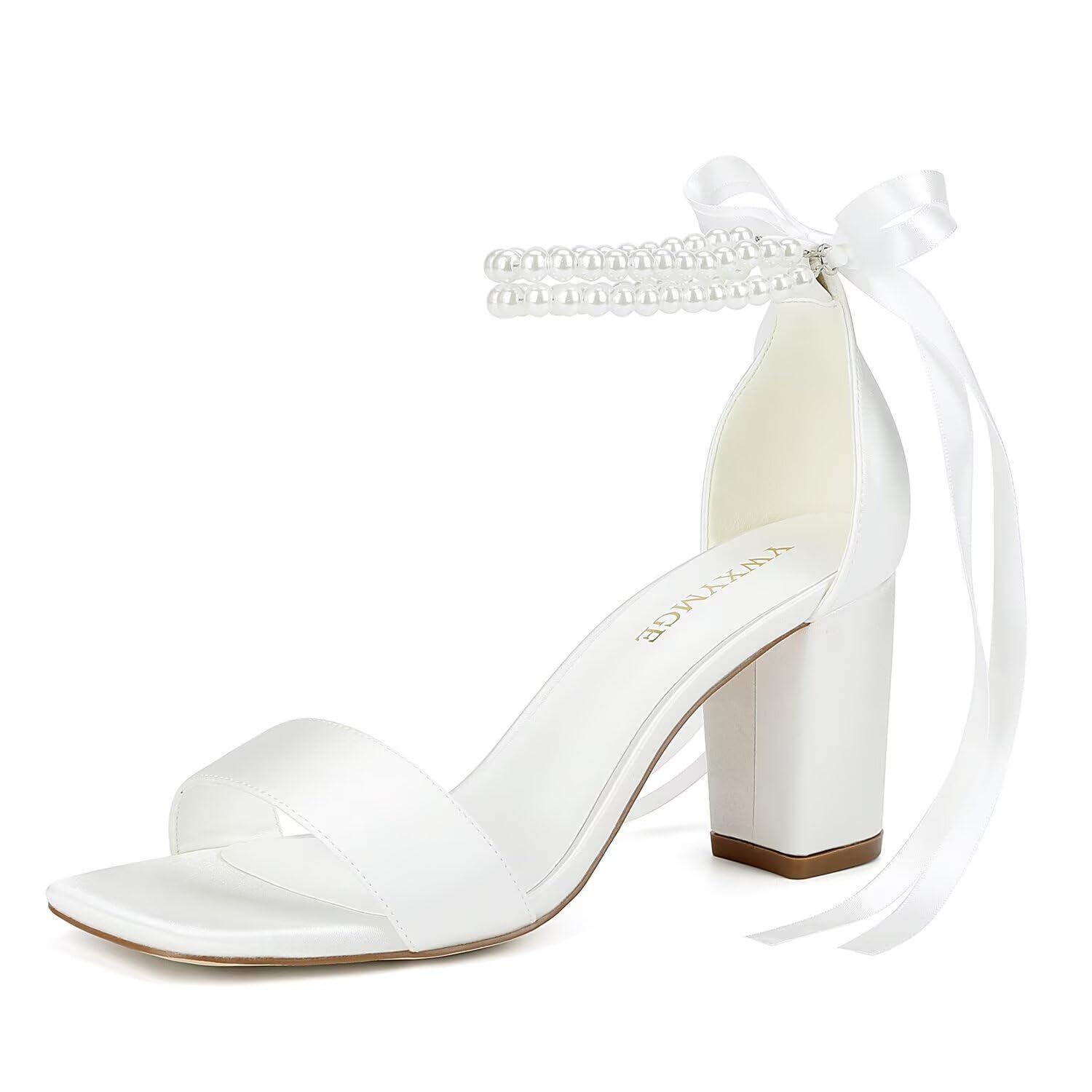 YWXYMGE Block Heel Bridal Shoes Open Toe Wedding Shoes for Bride Pearl Heels Wedding Sandals