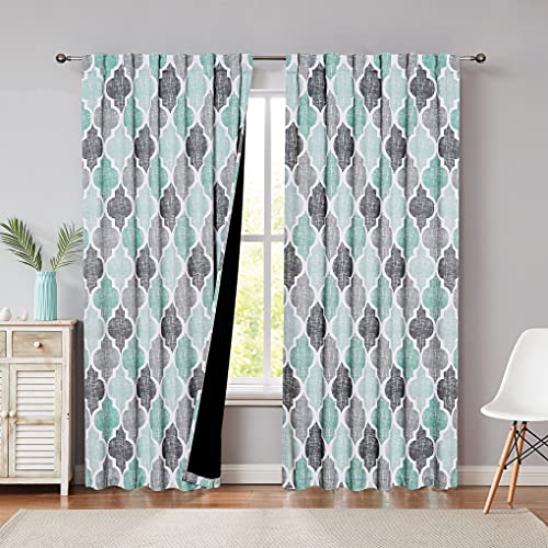 Beauoop Back Tab 95% Verdunkelungs-Fenstervorhang, marokkanischer Geo-Druck, Raumverdunkelung, wärmeisoliert, energieeffizient, Vorhänge, 127x244 cm, Aqua/Grau (2 Paneele) Cover