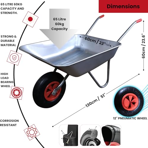 Samuel ALEXANDER 65 Litre 60kg Capacity Galvanised Metal Garden Cart Wheelbarrow - Heavy Duty Garden Wheelbarrows with Pneumatic Tyre 2 Samuel ALEXANDER 65 Litre 60kg Capacity Galvanised Metal Garden Cart Wheelbarrow - Heavy Duty Garden Wheelbarrows with Pneumatic Tyre - Image 2
