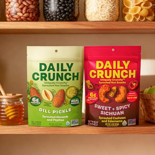 Image of Daily Crunch Sprouted Cashews and Dehydrated nuts for a Unique Crunch, Keto Friendly, Non-GMO Zero Seed Oils, Gluten Free 4oz (2 Pack, Sweet + Spicy Sichuan Cashews)