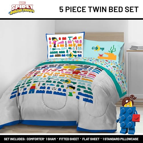 Image of Jay Franco Kids Comforter Set Includes Sheets and Pillow Covers - Soft and Cozy Bed Set for Stylish Room Decor, Official Licensed Bedding, White - LEGO, 5 Piece Twin