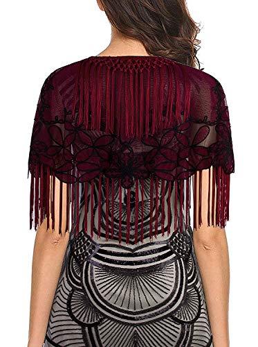 Vijiv Women's 1920s Black Shawl Art Deco Embroidered Fringe Evening Cape Bolero Flapper Cover Up4