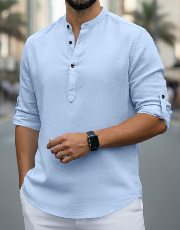 Image of Men Cotton Blend Mandarin Collar Casual Kurta Shirt | Roll-Up Sleeves | Regular Fit Ethnic Short Kurta for Daily