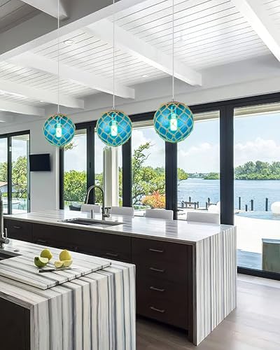 Blue Pendant Light Coastal Pendant Light Nautical Pendant Lighting Beach House Lighting Fixtures Ocean Lighting Fixture Coastal Hanging Light Fixtures Fish Float Glass Ball Lighting(Bulb Incl. - Image 5