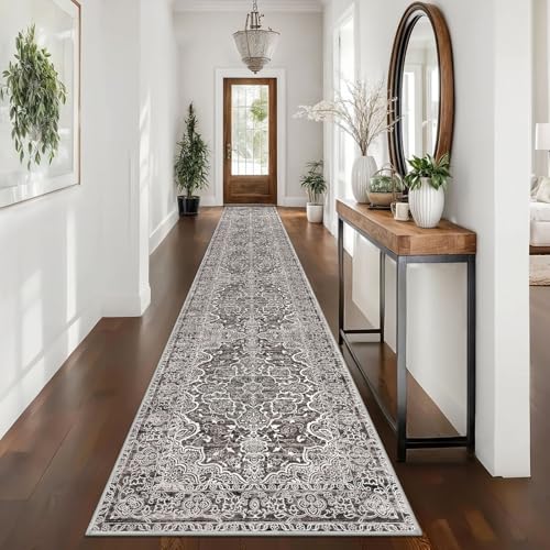 KUTA Vintage Washable Runners for Hallways 2.6x16, Non-Slip 16ft Extra Long Kitchen Runner Rug, Ultra Soft Printed Floral Medallion Stair Runners Indoor for Bedroom Tan Grey