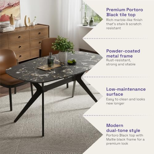 Image of Wakefit Baklava Dining Table - Portoro Black - 6 Seater I Marble Finish I Vitrified Tile Top I Portoro Black