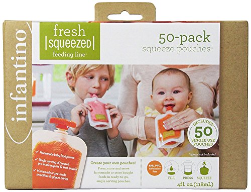 Image of Infantino Disposable Squeeze Pouches - Pack of 50 Disposable Pouches for Portable Homemade semi-Solid Food for Babies and Toddlers, BPA and PVC Free, Freezer Safe