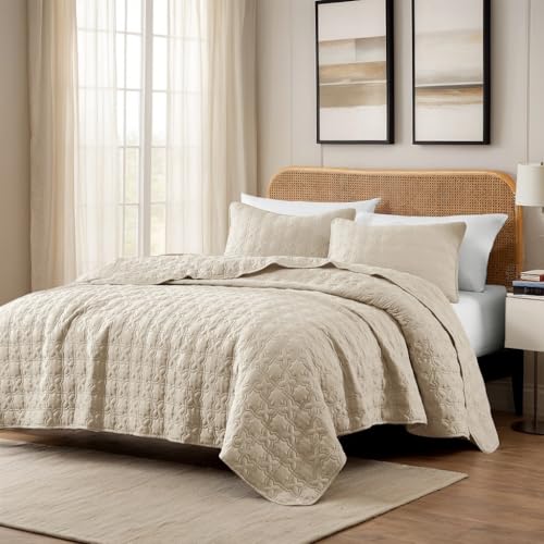 Beige King Size Quilt Bedding Sets with Pillow Sham, Summer Lightweight Soft Bedspread Coverlet, Netural Farmhouse Country Textured Quilted Blanket Thin Comforter Bed Cover, 3 Pieces, 104x90 inches