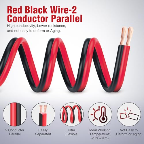 Nilight 100FT 16AWG Copper Clad Aluminum Wire 16/2 Gauge Red Black CCA Electrical Cable 2 Conductor Parallel 12V/24V DC Flexible Extension Cords for Car Audio Radio Speaker Amplifier