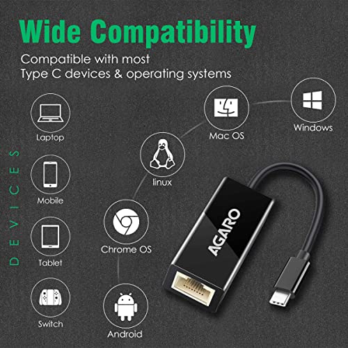Image of AGARO (USB C) Type C to Ethernet Adapter RJ45 to Thunderbolt 3 Type C Gigabit Network LAN 1000Mbps Converter Compatible with All Type C Devices