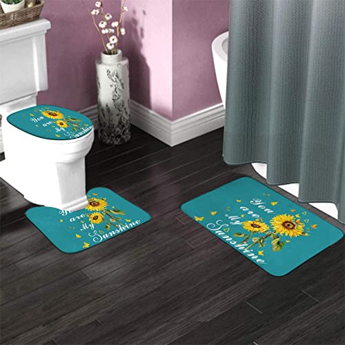 Badezimmerteppich-Set, 3-teilig, You Are My Sunshine, Sonnenblume und Schmetterling, Blaugrün, waschbarer Badvorleger, rutschfest, mit Rückenpolster, Konturteppich und Toilettendeckelbezug – Bild 4