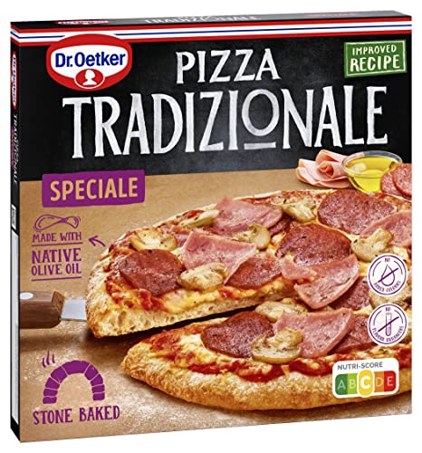 DR. OETKER Pizza Tradizionale Speciale, Masa Artesanal Horneada Sobre Piedra Caliente, Crujiente por Fuera, Ligera y Jugosa por Dentro, Jamón Dulce, Quesos Gouda y Edam, Salami, Champiñones - 400g