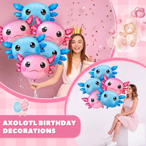 Image of 12 Pcs 34 Inch Axolotl Balloon Axolotl Birthday Party Decorations Aluminum Foil Inflatable Summer Supplies for Beach Themed Favor (Pink,Blue)
