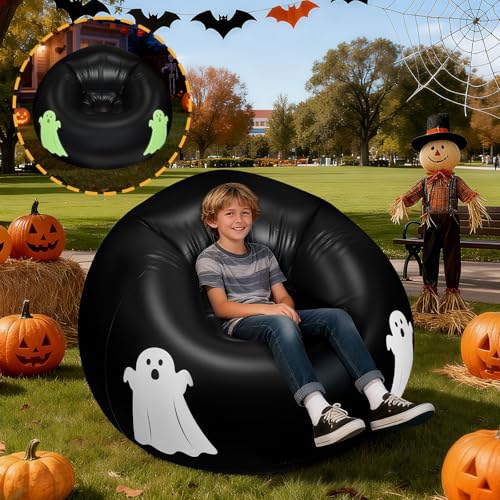 LiamDesign Inflatable Bean Bag Chair for Adults Kids with Ghost Glow in The Dark, Inflatable Blow up Lounge Chairs Couch Lazy Sofa for Halloween Outdoor Decorations Indoor Decor