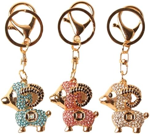 3PC Rhinestone-Encrusted Lucky Goat Keychain - Alloy Cartoon Rectangular Tassel Charm with Ring Clasp, Decorative for Women's Bags & Car Keys, Creative Style image 2